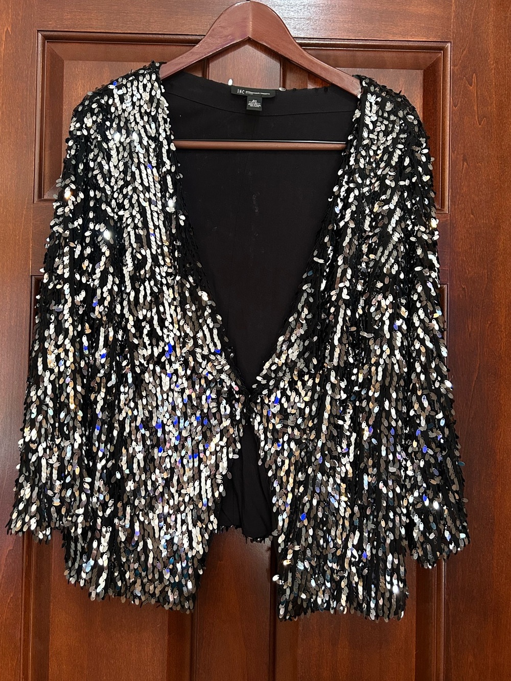 INC International Concepts 2X Black Silver Sequin Open Front Cardigan